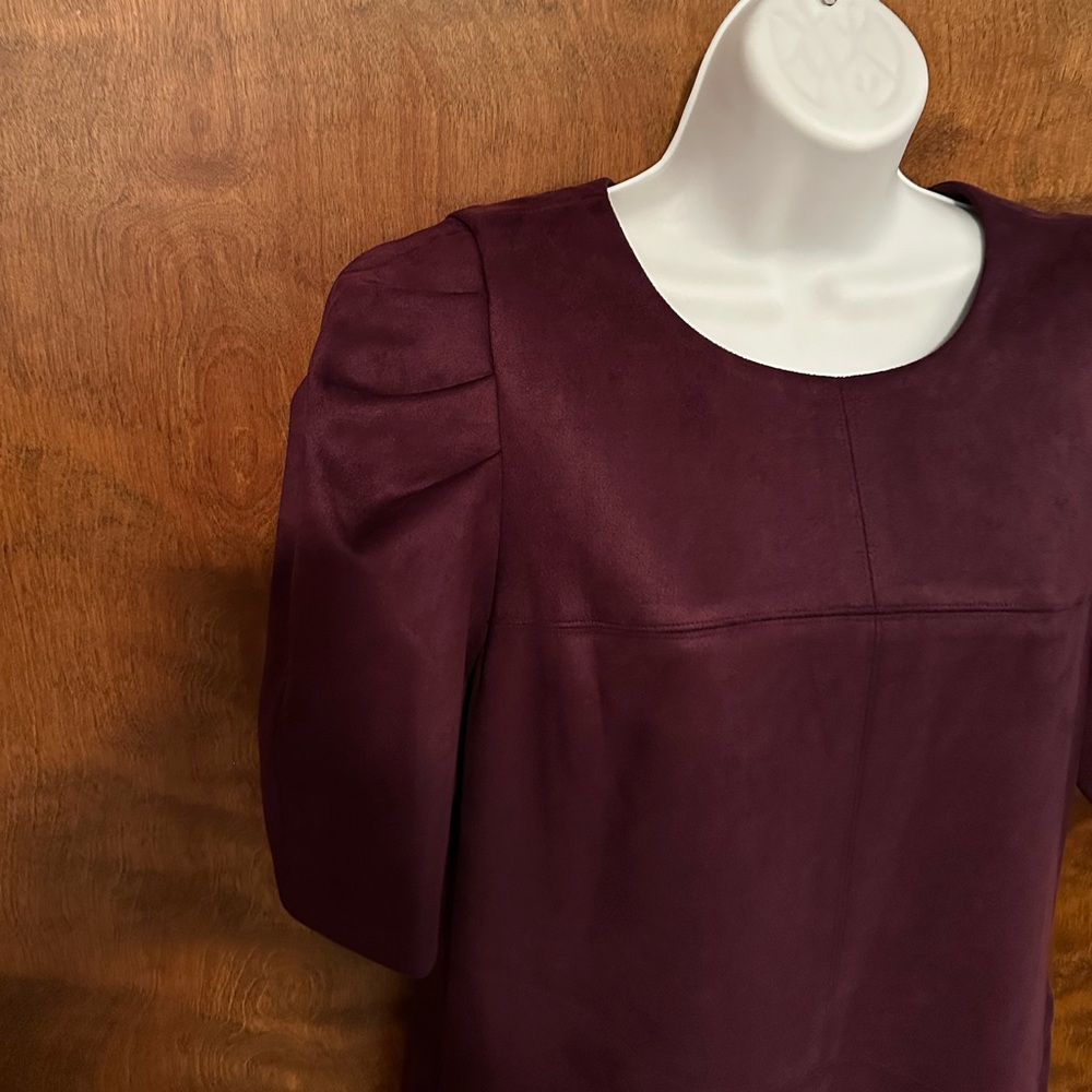 Anne Klein Short Puff Sleeve Faux Suede Fall Midi Dress Womens 12 Plum Purple - Picture 6 of 16